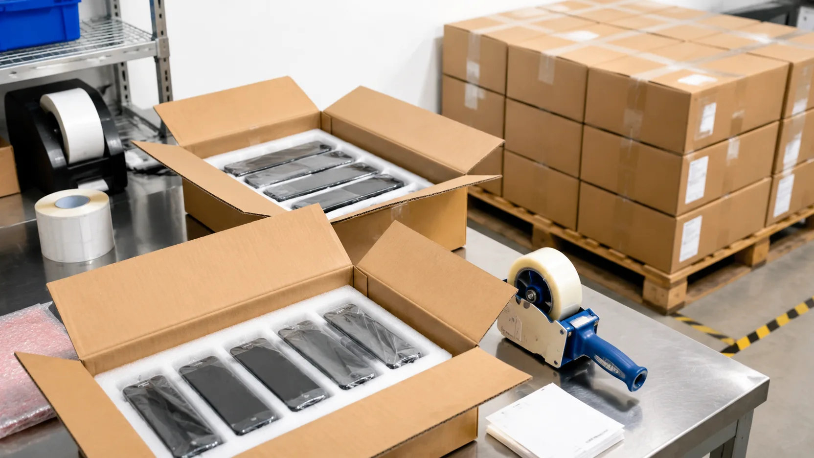 Export packing station with foam trays and sealed cartons